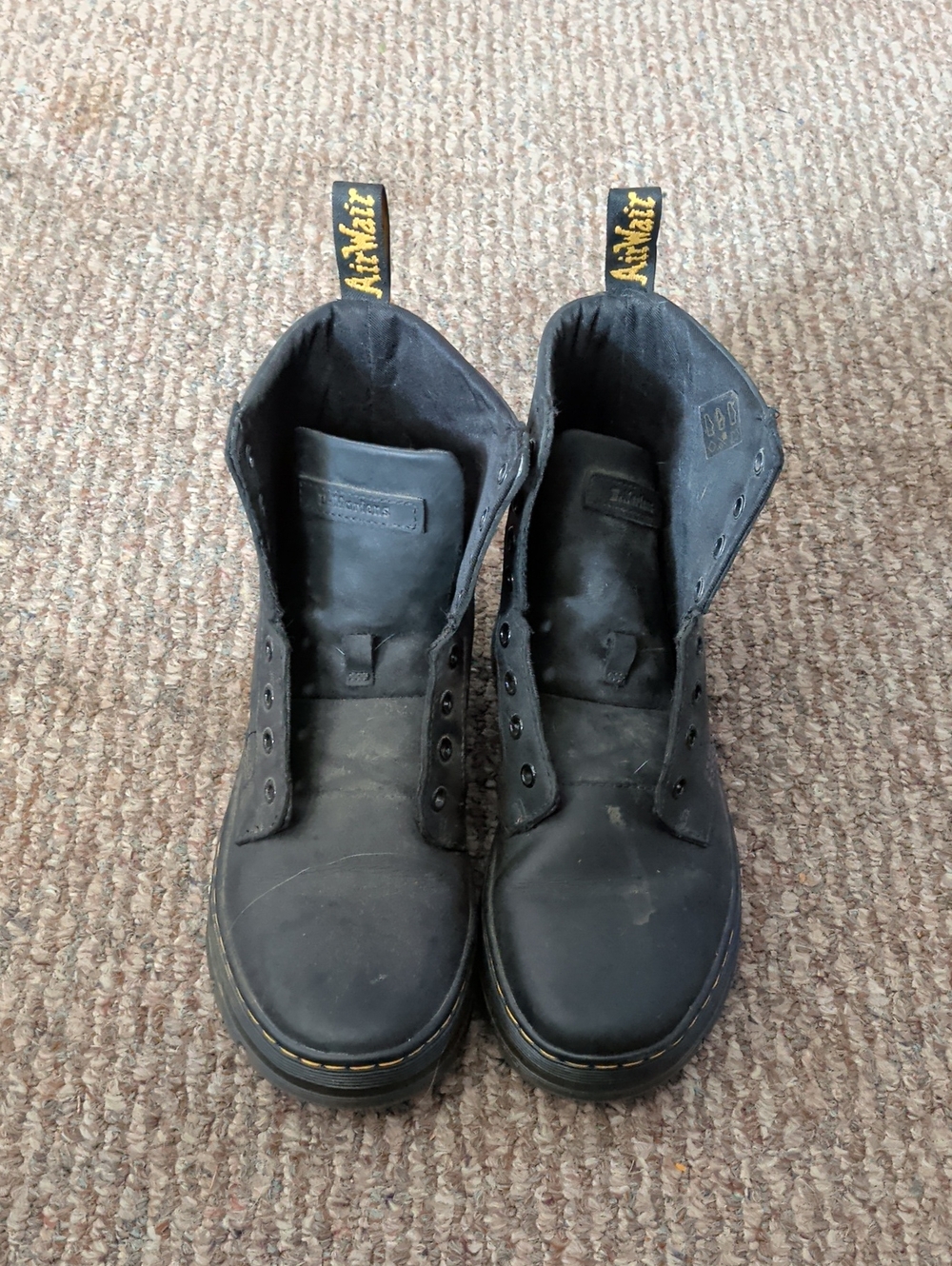 Dr. Martens Black Leather Lace-Up Boots with Yellow Heel Loop